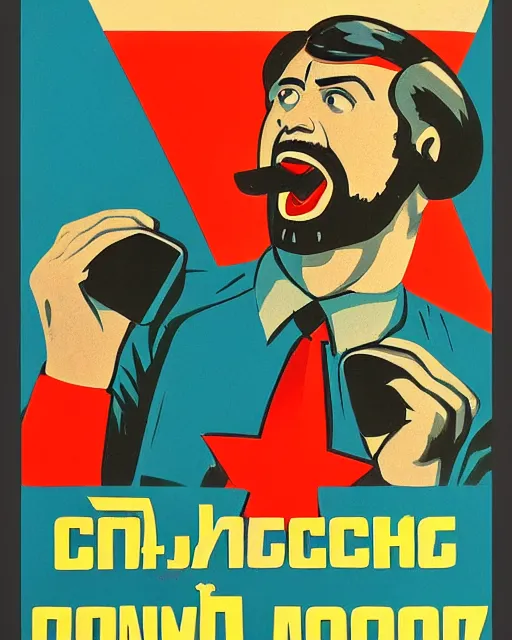 Image similar to soviet propaganda poster of an angry communist developer yelling at his computer