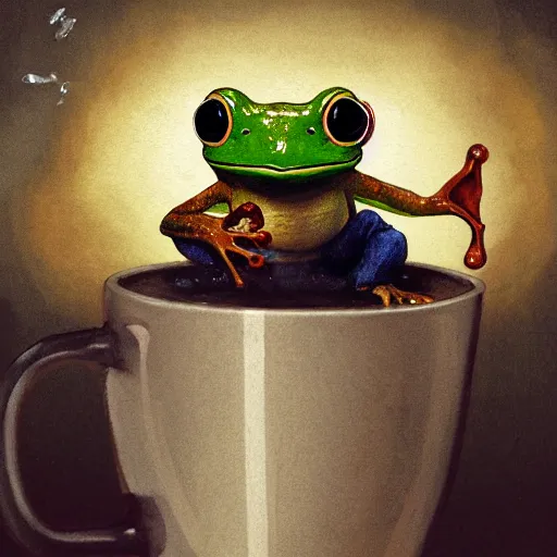 Image similar to soulful long shot of a very cute frog baby sitting in a coffee cup, by esao andrews, by m. w. kaluta, very humorous illustration, small depth of field, perspective perception, volumetric light, warm cosy colors, night scenery, low light, unreal engine 5, 8 k, conceptart, hyperdetailed, hyperrealistic, trending on artstation