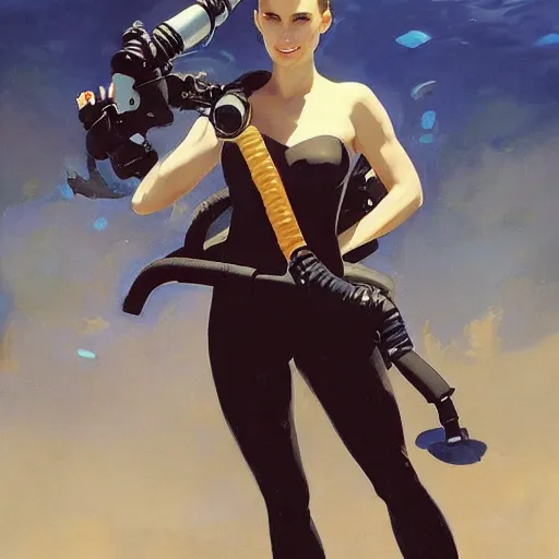 Image similar to a portrait of natalie portman in a scuba dive sui, t greg manchess painting by sargent and leyendecker, studio ghibli, fantasy, medium shot, asymmetrical, intricate, elegant, matte painting, illustration, hearthstone, by greg rutkowski, by greg tocchini, by james gilleard, by joe fenton