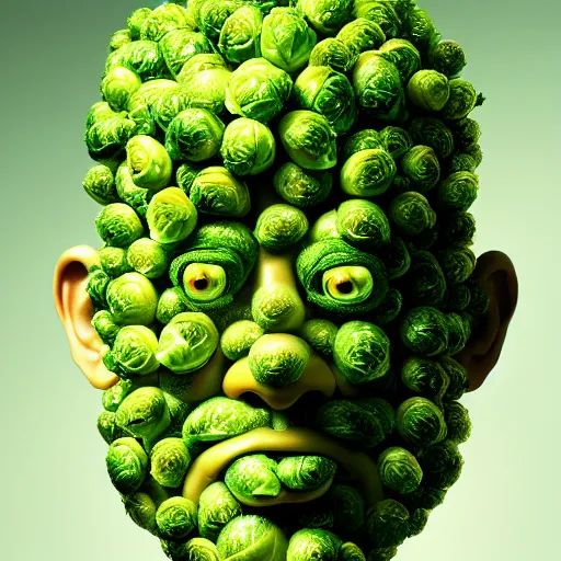 Prompt: a face made of brussels sprouts made of tom hanks, 8 k, trending on artstation, 8 0 mm photography, hyperrealistic