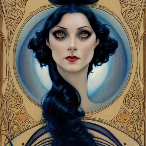 Image similar to a streamline moderne, ( art nouveau ), portrait in the style of charlie bowater, and in the style of donato giancola, and in the style of charles dulac. intelligent, beautiful eyes. symmetry, ultrasharp focus, dramatic lighting, semirealism, intricate symmetrical ultrafine background detail.