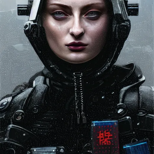 Image similar to sophie turner, streetwear techwear cyberpunk style outfit, parial mask, detailed portrait, intricate complexity, by greg rutkowski, cushart krentz, artgerm, ross tran, conrad roset, takato yomamoto, ilya kuvshinov. 4 k, beautiful, cinematic dramatic atmosphere, portrait lighting