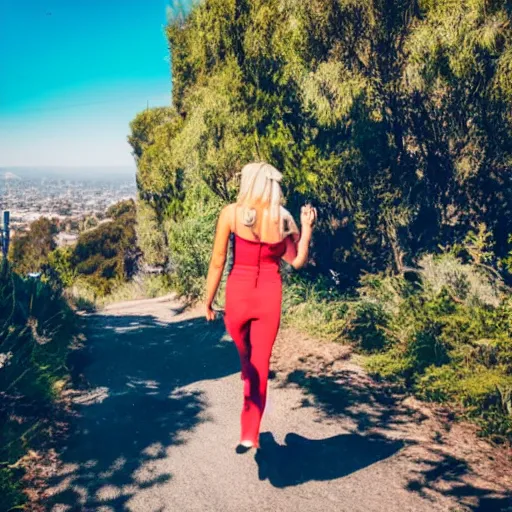 Prompt: a photo taken by a stalker chasing a blonde girl in hollywood hills,