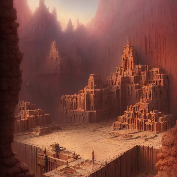 Prompt: matte painting by marc simonetti, jonathan solter, greg rutkowski of a desert temple, masterpiece, cinematic, hyperdetailed, photorealistic, hyperrealism, architecture, aerial view,