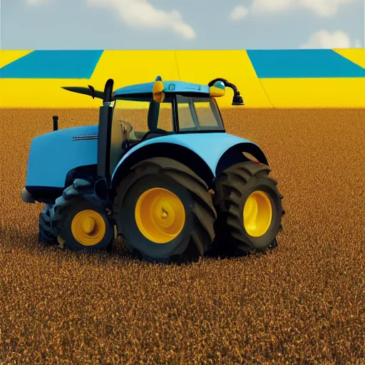 Image similar to a tractor with a ukrainian blue and yellow flag by goro fujita, 3 d octane render