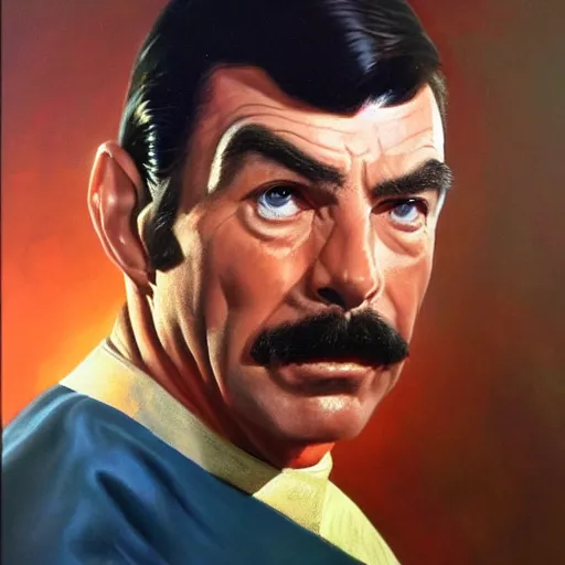 Image similar to ultra realistic portrait painting of tom selleck as spock, art by frank frazetta, 4 k, ultra realistic, highly detailed, epic lighting