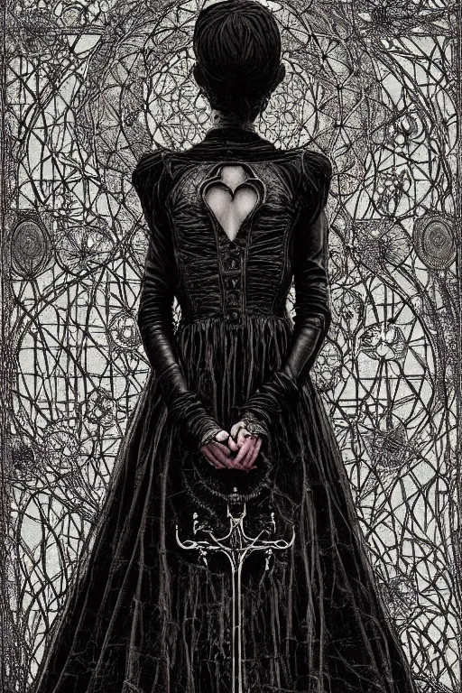 Image similar to dreamy gothic girl, nice long black leather, detailed acrylic, grunge, intricate complexity, by dan mumford and by alberto giacometti, peter lindbergh