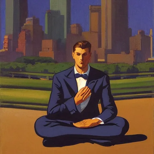 Prompt: man in black suit in meditation pose, new york buildings, city view landscape, leyendecker style s- 20