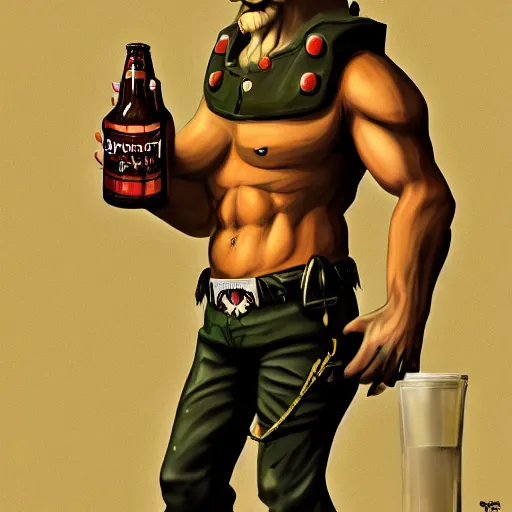 Image similar to a humanoid german shepherd beast - man in military style, holding a bottle of beer, artstation, concept art, smooth, sharp foccus ilustration, artstation