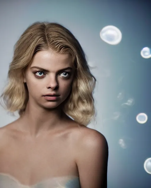 Image similar to annie leibovitz style photoshoot editorial of samara weaving as sue storm, the invisible woman from the fantastic four, she is wearing a beautiful iridescent shimmering, glowing jellyfish like wedding dress made from her force field powers, hyperreal, magical, translucent, iridescent, studio lighting, soft focus, bokeh, 5 0 mm