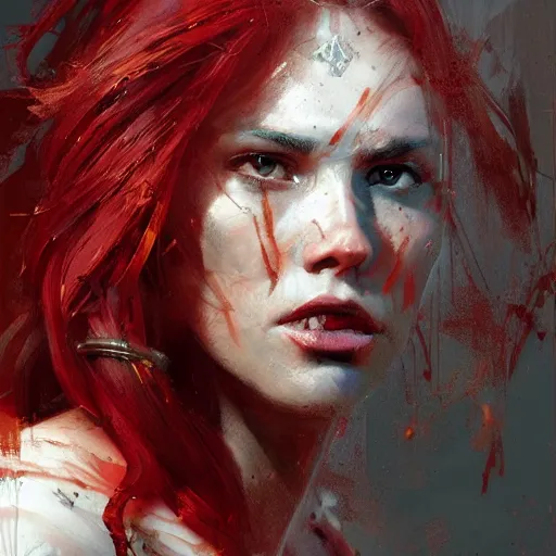 Prompt: gladiator, long red hair, strong features, portrait, painting by alphonse muca, greg ruthowski, craig mullins, ruan jia, wlop, very beautiful and detailed, artstation, high quality