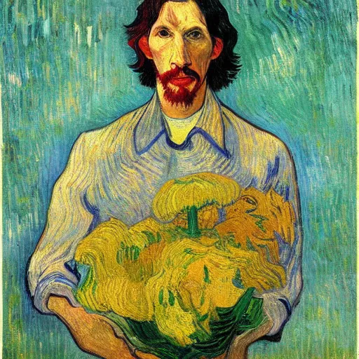 Image similar to body portrait of adam driver as a florist, long shot, painted by van gogh and gauguin