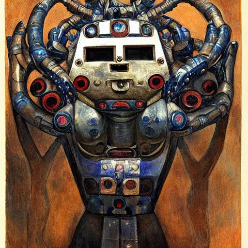 Image similar to the robot wearing the bone crown, by Annie Swynnerton and Diego Rivera , symbolist, dramatic lighting, elaborate geometric ornament, Art Brut, soft cool colors,smooth, sharp focus, extremely detailed, Adolf Wölfli and (Donato Giancola)