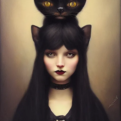 Prompt: a painting of a woman holding a cat, a photorealistic painting by tom bagshaw and ( ( ( mark ryden ) ) ), trending on deviantart, gothic art, ilya kuvshinov, goth, storybook illustration