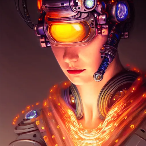 Image similar to the sage, whirwind of fire, tiara, robotic, android, cyborg, cyberpunk face, steampunk, by loish, d & d, fantasy, intricate, elegant, highly detailed, colorful, vivid color, digital painting, artstation, concept art, art by artgerm and greg rutkowski and ruan jia