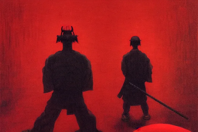 Image similar to only with red, a red samurai, tokio in background, some evil yokai, in the style of beksinski, parts by edward hopper, parts by rodcenko, parts by yue minjun, intricate and epic composition, red by caravaggio, insanely quality, highly detailed, masterpiece, red light, artstation, 4 k