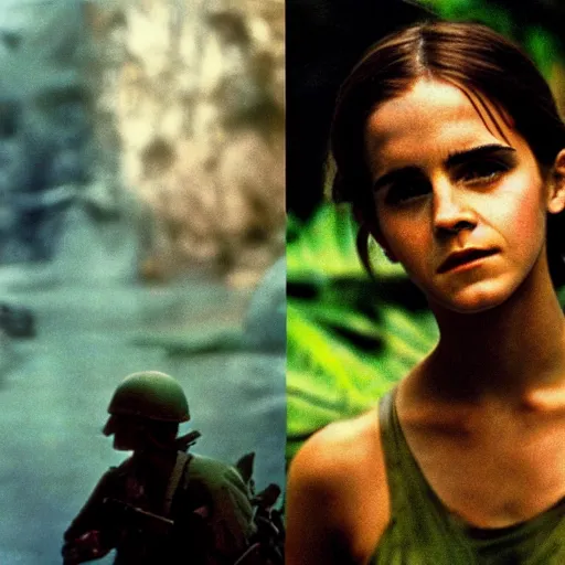 Image similar to film still, extreme far view, emma watson vietnam door gunner, film still from apocalypse now ( 1 9 7 9 ), 2 6 mm, kodak ektachrome, blue tint expired film,