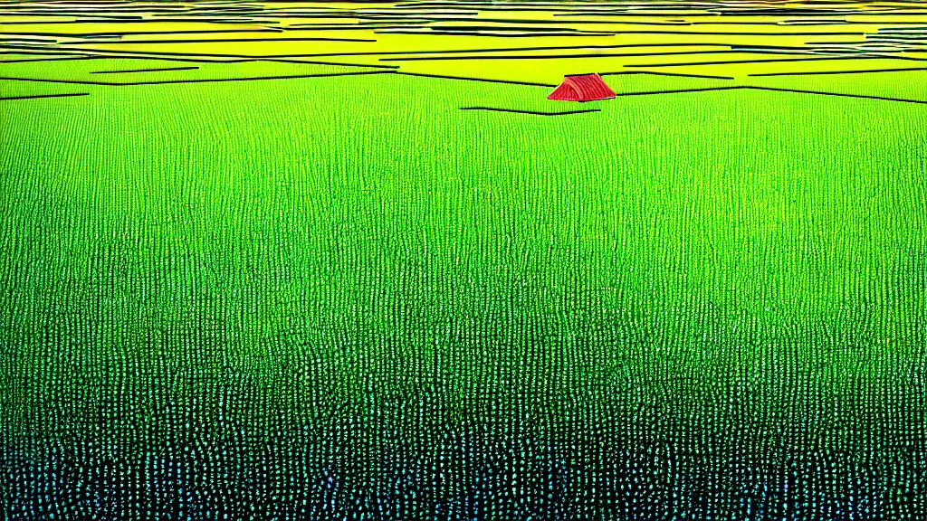 Image similar to a rice field in toyama city, japan, a collage painting, in the style of wes anderson, lola dupre, david hockney, isolated on negative white space background dark monochrome neon fluorescent spraypaint accents volumetric octane render