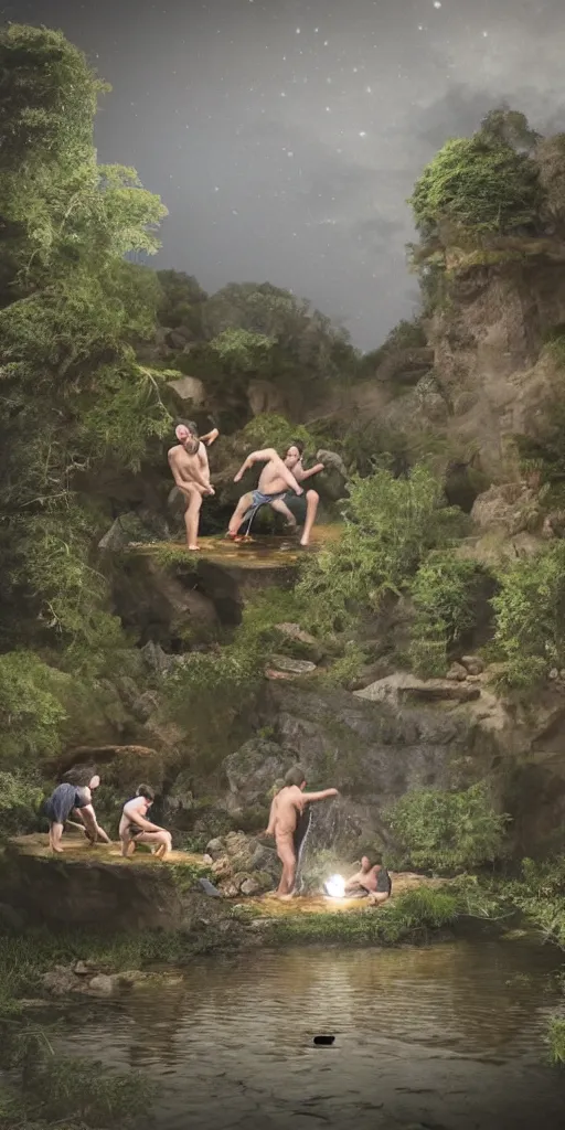 Image similar to photo of three men in a pond struggling to climb the same gigantic!!!! porcelain toilet. The three men are angry and shouting at each other. The toilet they are trying to climb is the size of an island. Flash photograph at night, 4k, highly detailed