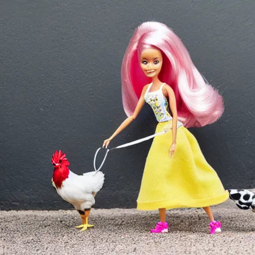 Image similar to barbie walking her pet chicken