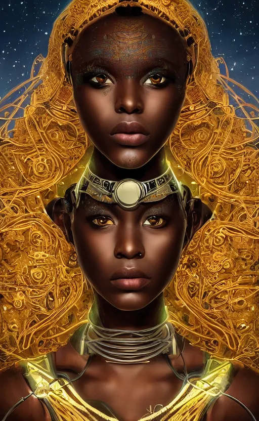 Prompt: beautiful young african cyborg princess muse, dazzling glowing eyes, elegant, striking composition, highly detailed ornate sci fi background, highly detailed, beautiful composition, mural painting in the style of sandro botticelli, caravaggio, albrecth durer