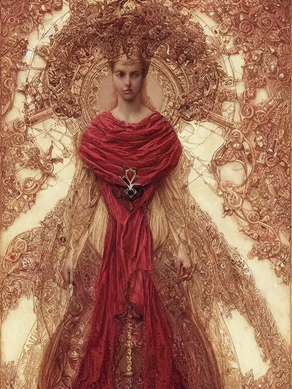 Image similar to a beautiful render of a baroque catholic veiled red queen with symmetry intricate detailed heart sculpture,by Lawrence Alma-Tadema, peter gric,aaron horkey,Billelis,trending on pinterest,hyperreal,jewelry,gold,intricate,maximalist,glittering,golden ratio,cinematic lighting