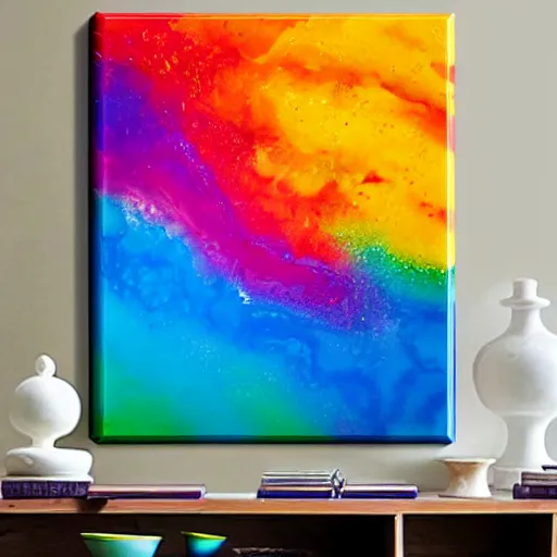 Prompt: a pour painting on canvas, rainbow colors, abstract, thick paint, chunky paint, glossy, resin coated