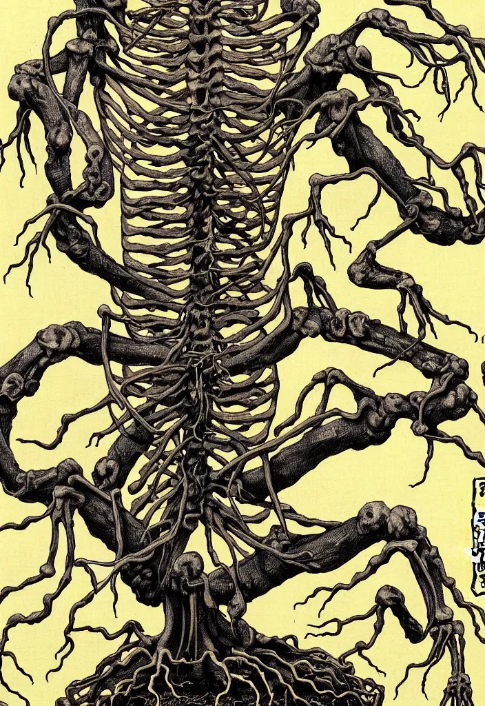 Image similar to prompt: anatomy dissection drawing skeleton Bonsai tree squid creature roots merging into big moon drawn by Takato Yamamoto, bonsai skeleton anatomy atlas, veins and organs attached to tree roots, alchemical objects inspired by 1980's sci-ci, old experimentation cabinet, intricate oil painting detail, manga 1980