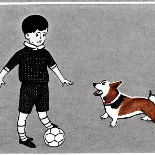 Image similar to illustration of french boy in paris playing football against a corgi, the dog is wearing a polka dot scarf, comic, 1 9 6 2