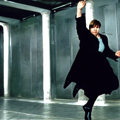 Prompt: Dramatic action shot of Angela Merkel dodging kick from Neo in the matrix movie 1999