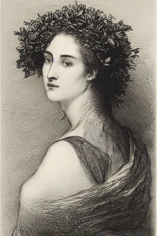 Prompt: extreme close-up, portrait of a beautiful french woman from behind with a wreath, Gustave Dore lithography