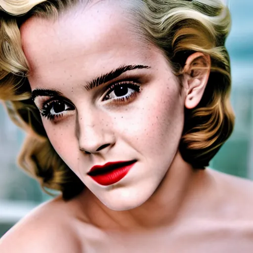 Image similar to Emma Watson dressing as Marilyn Monroe, XF IQ4, 150MP, 50mm, f/1.4, ISO 200, 1/160s, natural light, Adobe Photoshop, Adobe Lightroom, DxO Photolab, polarizing filter, Sense of Depth, AI enhanced, HDR