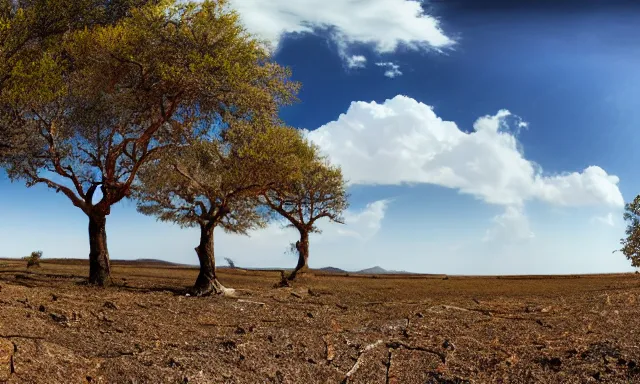 Image similar to panorama of big raindrops flying upwards into the perfect cloudless blue sky from a dried up river in a desolate land, dead trees, blue sky, hot and sunny highly-detailed, elegant, dramatic lighting, artstation, 4k, cinematic landscape, photograph by National Geographic