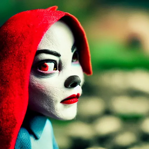 Prompt: a cinematic film still of a claymation stop motion film starring emma stone as little red riding hood, and realistic wolf, shallow depth of field, 8 0 mm, f 1. 8