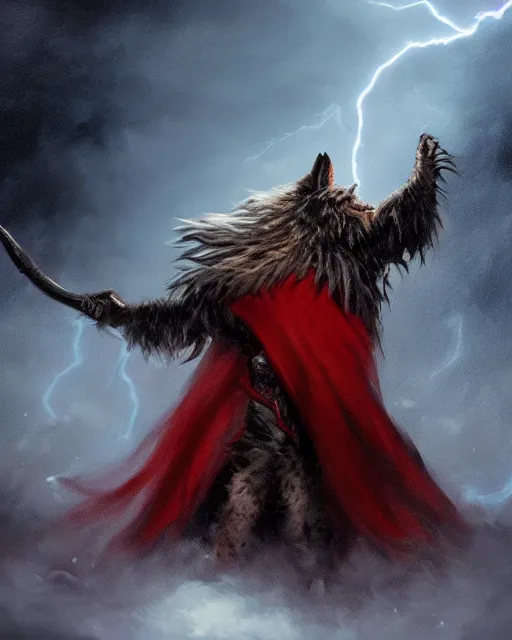 Image similar to oil painting of Anthropomorphized Wolf Shaman holding magic staff, evil grin, wearing red fur cloak, sharp focus, lightning storm background, magical aura, heroic pose, fantasy style, octane render, volumetric lighting, 8k high definition, by greg rutkowski, highly detailed, trending on art Station, magic the gathering artwork, Lightning storm background, centered, dramatic artwork