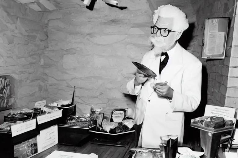 Prompt: Colonel Sanders ordering food in McDonald's cave