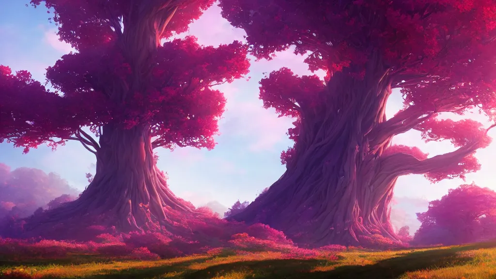 Image similar to giant violet tree overarching red plains, view from the ground, by sylvain sarrailh, rossdraws, ambient light, ultra detailed, fantasy artwork, 8 k, volumetric lighting, trending on artstation, award winning, very beautiful.