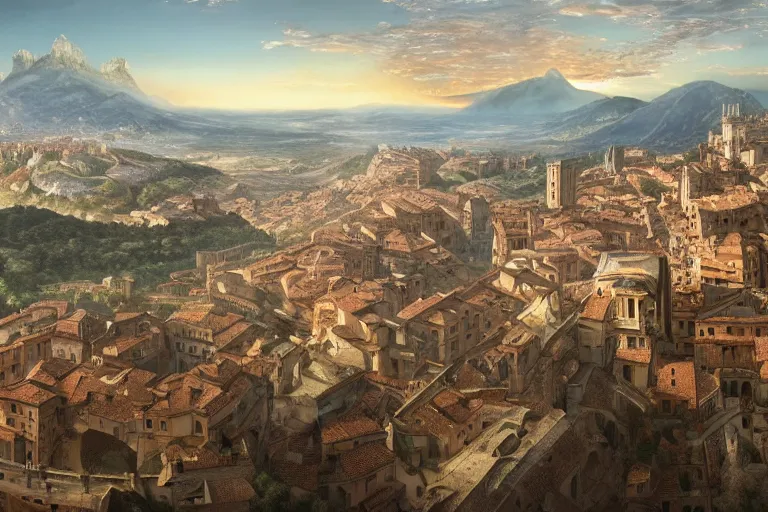 Image similar to an ultra detailed matte landscape painting of an italian renaissance capital city built on top of a large hill sweeping vista, italian renaissance architecture, ultrawide lense, aerial photography, 8 k, volumetric lighting, smooth, highly detailed, digital illustration, art by greg rutkowski and akira toriyama and artgerm