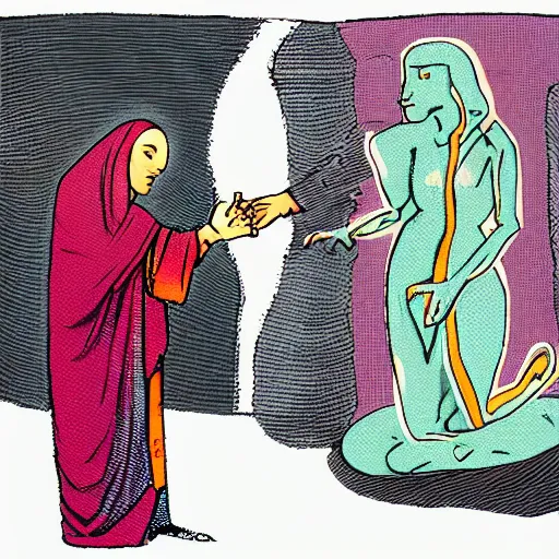 Prompt: A lizard person shaking hands with a religious icon