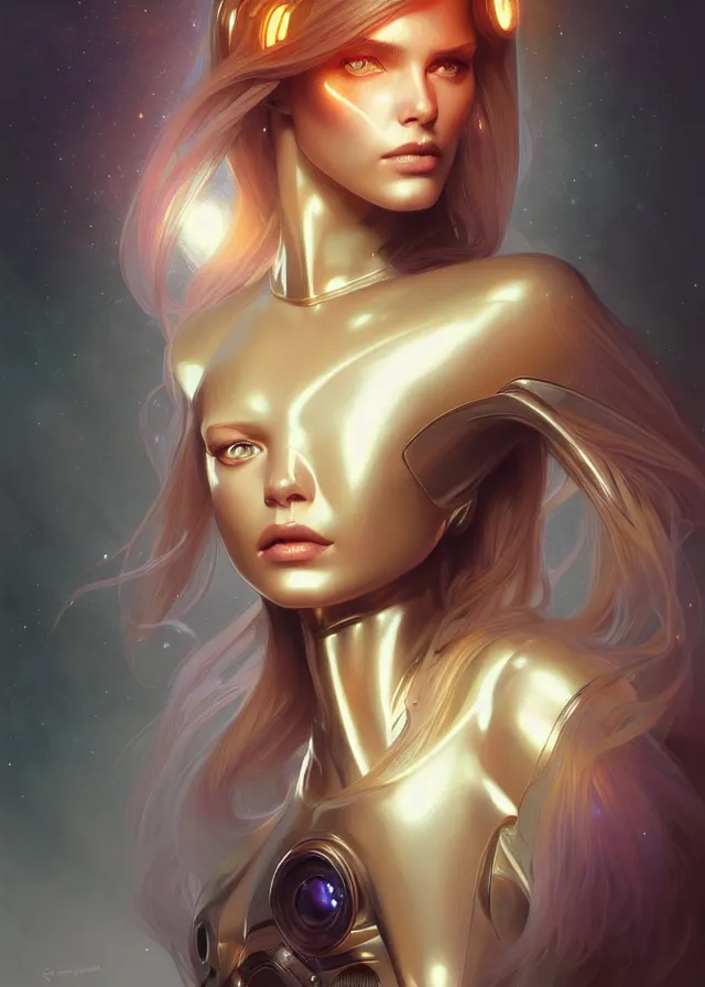 Image similar to futuristic woman portrait, sci-fi, amber eyes, face, long hair, fantasy, intricate, elegant, highly detailed, digital painting, artstation, concept art, smooth, sharp focus, illustration, art by artgerm and greg rutkowski and alphonse mucha