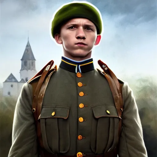 Prompt: fullbody portrait of angry tom holland wearing russian ww 1 clothes, with black beanie on head, white thatch houses in village at background, style ivan talavera and artgerm, radiant lighting, hyper realistic, photorealistic, octane render, trending on artstation, cgsociety, cinematic light, global illumination