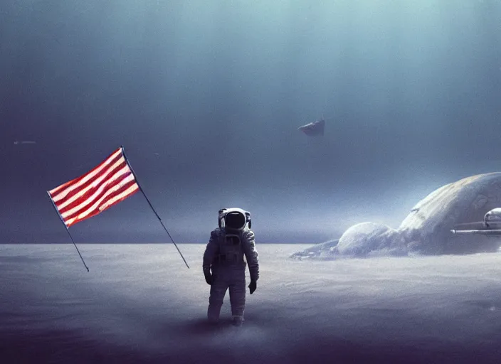 Image similar to astronaut holding a flag in an underwater desert. a submarine is visible in the distance. dark, concept art, cinematic, dramatic, atmospheric, 8 k, trending on artstation, blue, fish, low visibility, fog, ocean floor, christopher nolan, interstellar