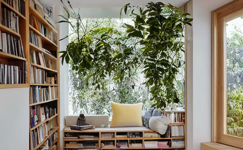 Image similar to interior desing magazine photo of a big window with a wooden frame to sit on, some sandy yellow pillows, there are some books on a small integrated shelf, hanging plants, great architecture, ambient light, 8k