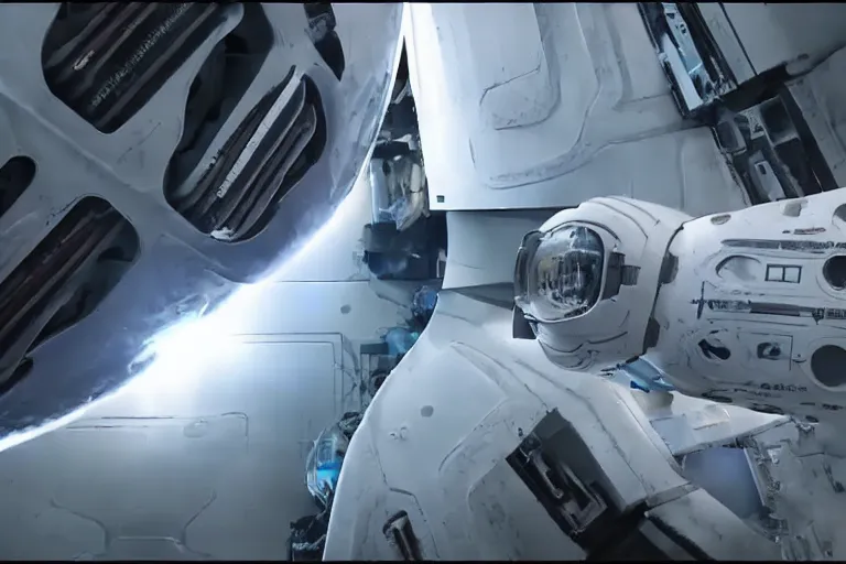 Image similar to vfx movie clean futuristic sci - fi action scene closeup spacex jedi by emmanuel lubezki
