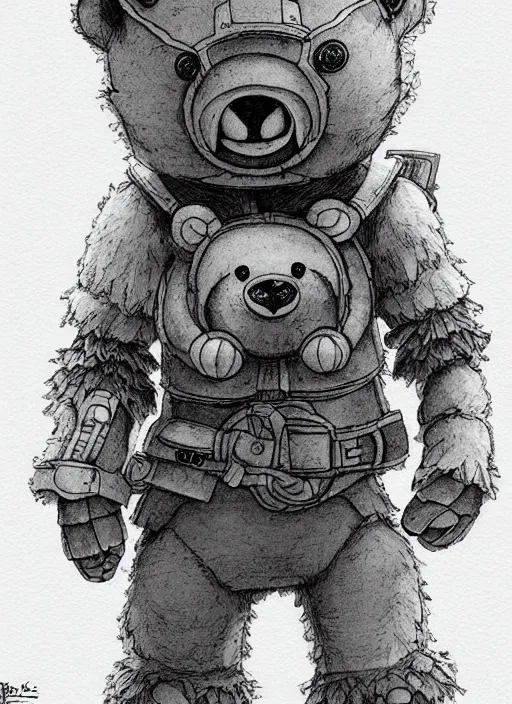 Image similar to beautiful little boy wearing an cyborg bear suit, artwork in kentaro miura and made in abyss and rosdraws, smooth, beautiful lightness, anatomically correct, trending on pixiv, forest