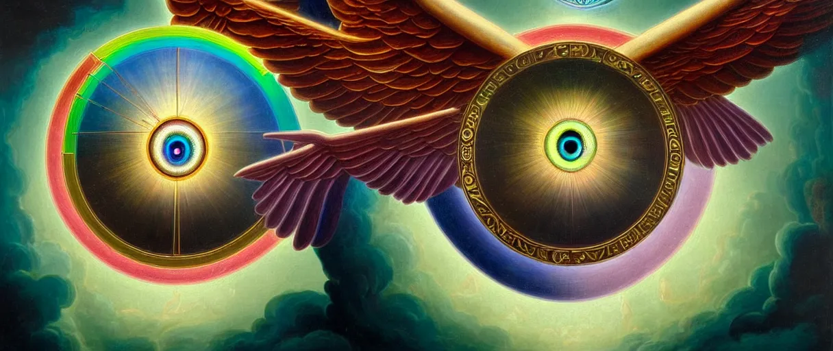 Image similar to painting of rainbow ophanim surrounded by large diagonally rotating rings, ophanim has bird wings, giant eyeball in the middle of the ophanim, by roberto ferri, amazing details, mythological, biblical, beautiful composition