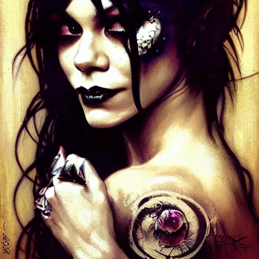 Image similar to beautiful portrait of vanessa hudgens as death from sandman, smiling, by cedric peyravernay, alphonse mucha, by jeremy mann, by lecouffe deharme, goth chic, soft lightning, eyeliner, punk rock, high detailed, 8 k