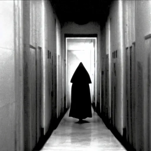 Prompt: a nun walking in the danvers state hospital. still from blade runner.