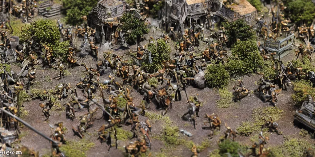 Image similar to zoomed in photo taken of an epic intricate extremely detailed battlefield diorama, with highly detailed, exquisitely weathered 3 d printed characters. an army of high elves battling a horde of orcs, dragon fly overhead, macro shot, photorealistic, sharp focus, f 0. 4, golden ratio, soft light, wide angle lens, 3 9 0 0 k