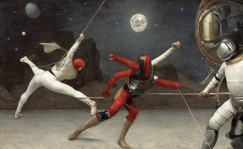 Image similar to a fencing match on the moon by edgar maxence and caravaggio and michael whelan and delacroix style, artistic, intricate painting, cinematic lighting, hyper realistic, extremely detailed, establishing shot, 8 k resolution, dramatic lighting